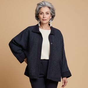 Yacco Maricard Lagenlook Cozy Chic Navy Cotton Spring Jacket Oversized OS (b36)